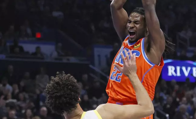 Oklahoma City Thunder guard Cason Wallace (22) screams as he dunks against Utah Jazz guard Johnny Juzang (33) during the first half of an Emirates NBA Cup basketball game, Tuesday, Dec. 3, 2024, in Oklahoma City. (AP Photo/Nate Billings)