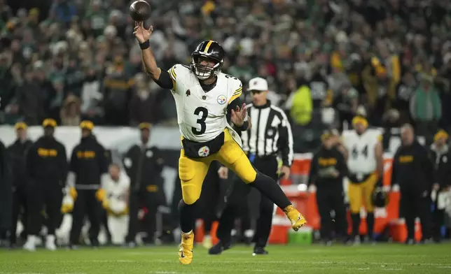 Pittsburgh Steelers quarterback Russell Wilson (3) passes the ball during the first half of an NFL football game against the Philadelphia Eagles on Sunday, Dec. 15, 2024, in Philadelphia. (AP Photo/Matt Slocum)