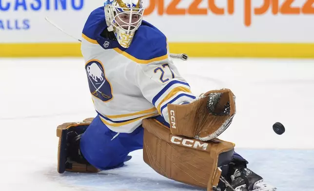 Toronto Maple Leafs left wing Nicholas Robertson (not shown) scores against Buffalo Sabres goaltender Devon Levi during second-period NHL hockey game action in Toronto, Sunday, Dec. 15, 2024. (Frank Gunn/The Canadian Press via AP)