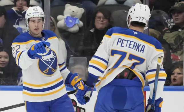 Buffalo Sabres right wing Jack Quinn (22) celebrates after his goal with right wing JJ Peterka (77) during second-period NHL hockey game action against the Toronto Maple Leafs in Toronto, Sunday, Dec. 15, 2024. (Frank Gunn/The Canadian Press via AP)
