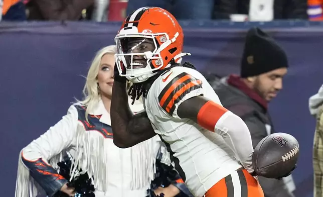 Cleveland Browns wide receiver Jerry Jeudy reacts after his successful 2-point conversion during the second half of an NFL football game against the Denver Broncos, Monday, Dec. 2, 2024, in Denver. (AP Photo/Jack Dempsey)