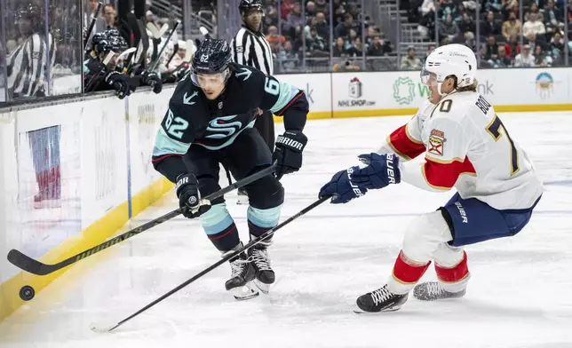 Seattle Kraken defenseman Brandon Montour, left, skates against Florida Panthers forward Jesper Boqvist during the second period of an NHL hockey game, Tuesday, Dec. 10, 2024, in Seattle. (AP Photo/Stephen Brashear)