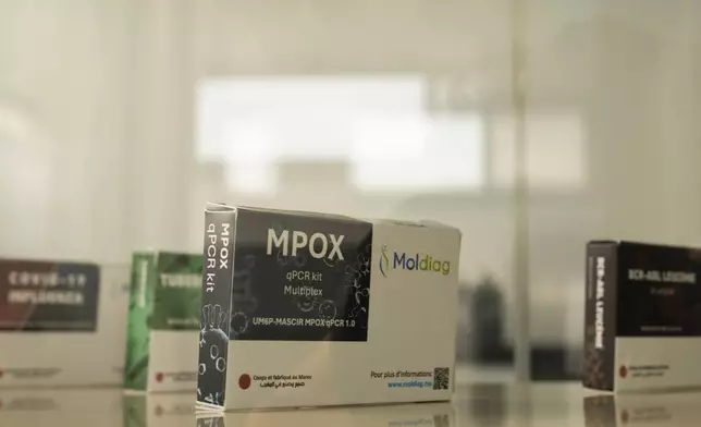 A view of mpox test kits is displayed in Moldiag, a biotechnology startup, in Tamesna, Morocco, Thursday, Nov. 28, 2024. (AP Photo/Mosa'ab Elshamy)