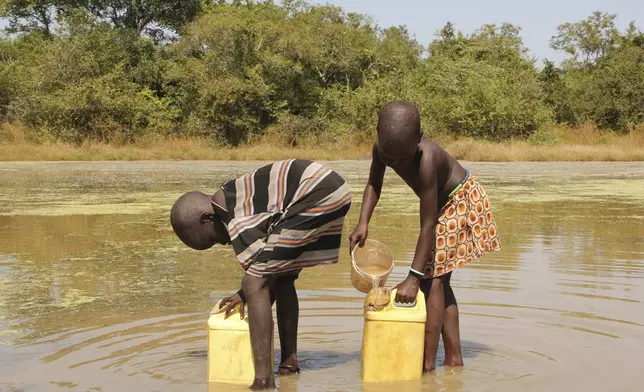 FILE - In this Nov. 4, 2010 photo, children collect drinking water from a pond using filters provided to them by The Carter Center's guinea worm eradication program in the remote village of Lengjak, in Awerial County, Lakes State, Southern Sudan. (AP Photo/Maggie Fick, File)