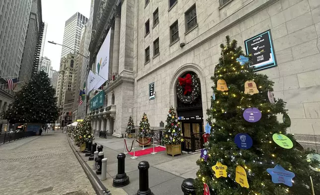 Holiday decorations are shown in front of the New York Stock Exchange in New York's Financial District on Tuesday, Dec. 3, 2024. (AP Photo/Peter Morgan)