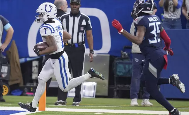 Indianapolis Colts wide receiver Josh Downs (1) scores a touchdown past Tennessee Titans cornerback Daryl Worley (35) during the first half of an NFL football game Sunday, Dec. 22, 2024, in Indianapolis. (AP Photo/Michael Conroy)