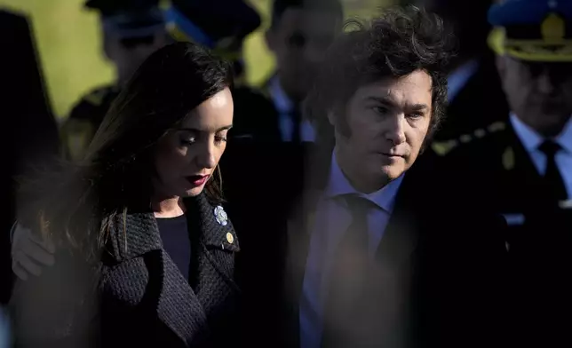FILE - Argentine President Javier Milei and Vice President Victoria Villarruel attend a police ceremony honoring fallen officers, in Buenos Aires, Argentina, July 2, 2024. (AP Photo/Natacha Pisarenko, File)