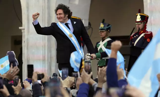 FILE - Argentine President Javier Milei attends a ceremony celebrating the 214th anniversary of the May Revolution, which marked the beginning of the country's independence from Spain, in Cordoba, Argentina, May 25, 2024. (AP Photo/Nicolas Aguilera, File)