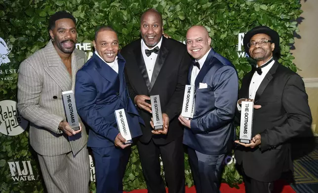 Colman Domingo, from left, Clarence Maclin, Sean "Dino" Johnson, Jon-Adrian "JJ" Velazquez and John "Divine G" Whitfield pose with the social justice tribute award for "Sing Sing" during The Gothams Film Awards at Cipriani Wall Street on Monday, Dec. 2, 2024, in New York. (Photo by Evan Agostini/Invision/AP)