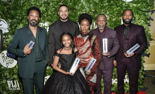 Actors Corey Hawkins, from left, Ray Fisher, Skylar Aleece Smith, Danielle Deadwyler, Michael Potts, and John David Washington pose with their ensemble tribute awards for "The Piano Lesson" during The Gothams Film Awards at Cipriani Wall Street on Monday, Dec. 2, 2024, in New York. (Photo by Evan Agostini/Invision/AP)