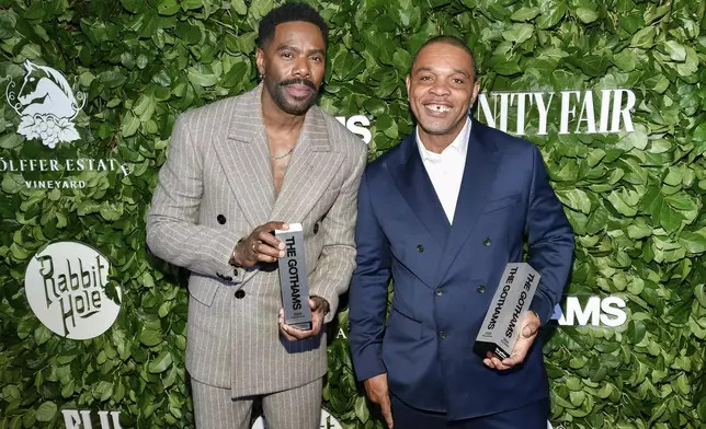 Colman Domingo, left, and Clarence Maclin pose with their social justice tribute awards for "Sing Sing" during The Gothams Film Awards at Cipriani Wall Street on Monday, Dec. 2, 2024, in New York. (Photo by Evan Agostini/Invision/AP)