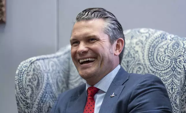 Pete Hegseth, President-elect Donald Trump's nominee to be defense secretary, responds to reporters during a meeting with Sen. Mike Rounds, R-S.D., a member of the Senate Armed Services Committee, at the Capitol in Washington, Thursday, Dec. 5, 2024. (AP Photo/J. Scott Applewhite)