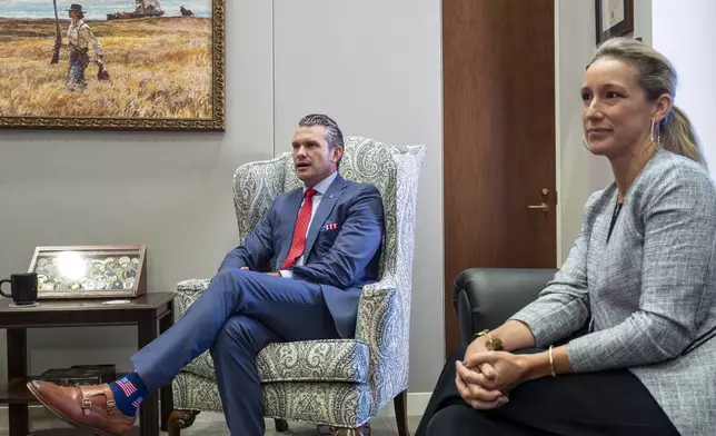 Pete Hegseth, President-elect Donald Trump's nominee to be defense secretary, left, joined by his wife Jennifer Rauchet, attends a meeting with Sen. Mike Rounds, R-S.D., a member of the Senate Armed Services Committee, at the Capitol in Washington, Thursday, Dec. 5, 2024. (AP Photo/J. Scott Applewhite)