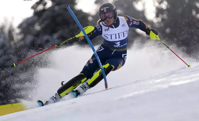 Anna Swenn Larsson, of Sweden, competes during a women's World Cup slalom skiing race, Sunday, Dec. 1, 2024, in Killington, Vt. (AP Photo/Robert F. Bukaty)