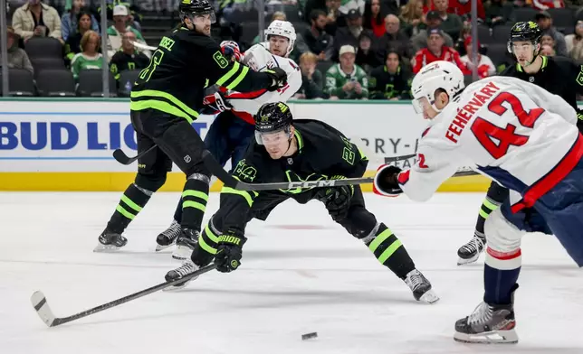 Dallas Stars center Roope Hintz (24) blocks a shot by Washington Capitals defenseman Martin Fehervary (42) during the second period of an NHL hockey game in Dallas, Monday, Dec. 16, 2024. (AP Photo/Gareth Patterson)