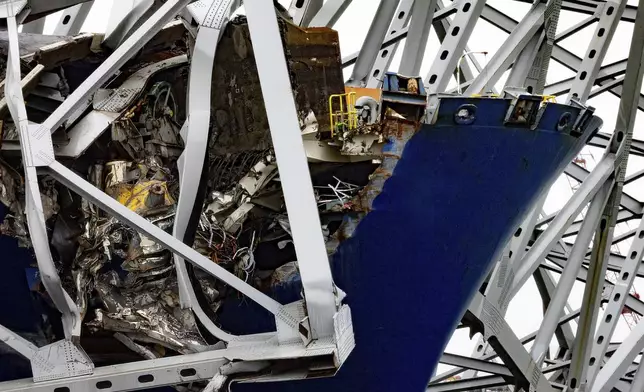 Wreckage of the Francis Scott Key Bridge rests on the container ship Dali, Wednesday, April 3, 2024, in Baltimore. (AP Photo/Julia Demaree Nikhinson)