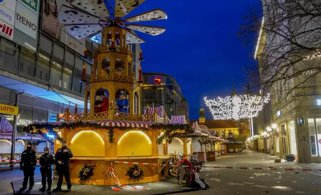 The Christmas market, where a car drove into a crowd on Friday evening, in Magdeburg, Germany, is empty on Saturday evening , Dec. 21, 2024. (AP Photo/Michael Probst)