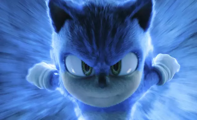 This image released by Paramount Pictures and Sega of America shows the character Sonic, voiced by Ben Schwartz, in a scene from "Sonic the Hedgehog 3." (Paramount Pictures and Sega of America, Inc. via AP)