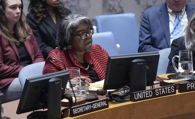 Linda Thomas-Greenfield, United States Ambassador to the United Nations, speaks during a Security Council meeting at United Nations headquarters, Wednesday, Dec. 18, 2024. (AP Photo/Seth Wenig)