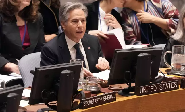 U.S. Secretary of State Antony Blinken addresses the United Nations Security Council, Thursday, Dec. 19, 2024. (AP Photo/Richard Drew)