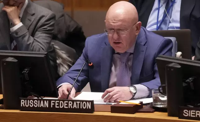 Russia UN Ambassador Vasily Nebenzya addresses the United Nations Security Council, Thursday, Dec. 19, 2024. (AP Photo/Richard Drew)