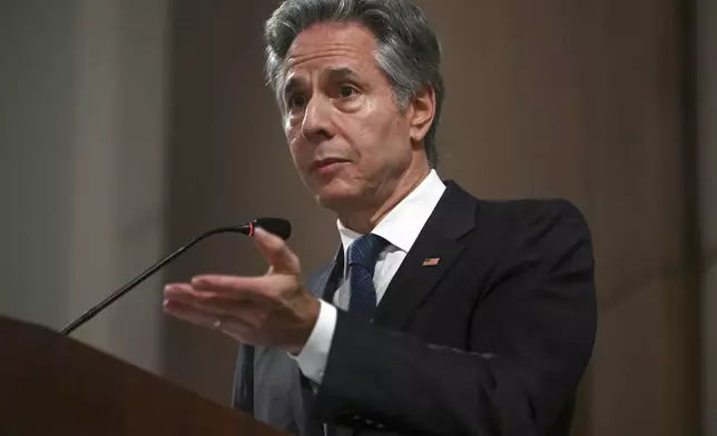 FILE - Secretary of State Antony Blinken speaks after meeting with the foreign ministers of the Arab Contact Group on Syria in Jordan's southern Red Sea coastal city of Aqaba, Dec. 14, 2024. (Andrew Caballero-Reynolds/Pool via AP, File)