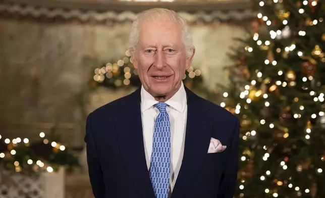 Britain's King Charles III speaks during the recording of his Christmas message at the Fitzrovia Chapel in central London, England, Wednesday, Dec. 11, 2024. (Aaron Chown/PA via AP, Pool)