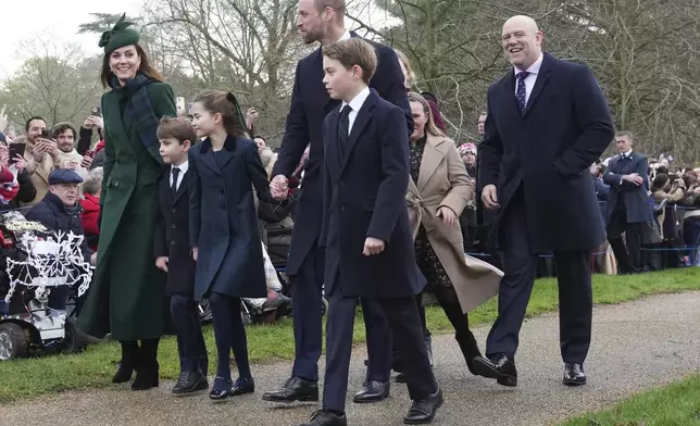 Kate, Princess of Wales, left, with Prince Louis, Princess Charlotte, Prince William and Prince George arrive for the Christmas day service at St Mary Magdalene Church in Sandringham in Norfolk, England, Wednesday, Dec. 25, 2024, at right, is Mike Tyndall husband of Zara Phillips. (AP Photo/Jon Super)