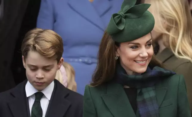 Kate, Princess of Wales with her eldest son Prince George leave after attending the Christmas day service at St Mary Magdalene Church in Sandringham in Norfolk, England, Wednesday, Dec. 25, 2024. (AP Photo/Jon Super)
