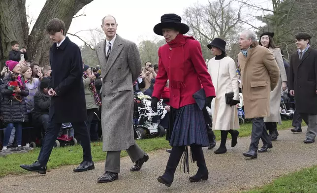 Prince Edward, second left, and Princess Anne arrive for the the Christmas day service at St Mary Magdalene Church in Sandringham in Norfolk, England, Wednesday, Dec. 25, 2024. (AP Photo/Jon Super)