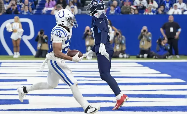 Indianapolis Colts running back Jonathan Taylor (28) scores a touchdown during the second half of an NFL football game against the Tennessee Titans, Sunday, Dec. 22, 2024, in Indianapolis. (AP Photo/Darron Cummings)