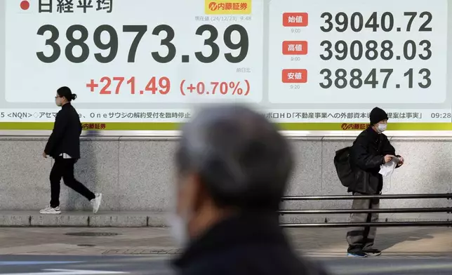 People stand near an electronic stock board showing Japan's Nikkei index at a securities firm Monday, Dec. 23, 2024, in Tokyo. (AP Photo/Eugene Hoshiko)