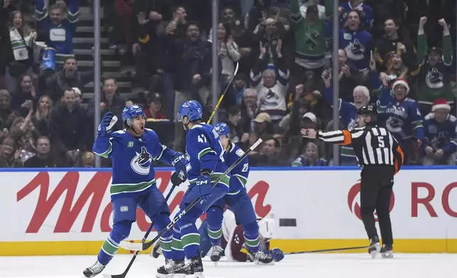 Vancouver Canucks' Kiefer Sherwood, left, and Noah Juulsen (47) celebrate after Sherwood's goal against the Colorado Avalanche during the first period of an NHL hockey game in Vancouver, British Columbia, Monday, Dec. 16, 2024. (Darryl Dyck/The Canadian Press via AP)