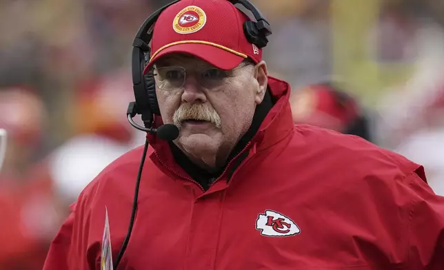 Kansas City Chiefs head coach Andy Reid walks on the sidelines during the second half of an NFL football game against the Pittsburgh Steelers, Wednesday, Dec. 25, 2024, in Pittsburgh. (AP Photo/Matt Freed)