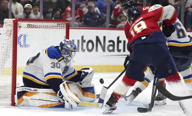 St. Louis Blues goaltender Joel Hofer (30) defends the goal against Florida Panthers left wing Matthew Tkachuk (19) during the second period of an NHL hockey game, Friday, Dec. 20, 2024, in Sunrise, Fla. (AP Photo/Lynne Sladky)