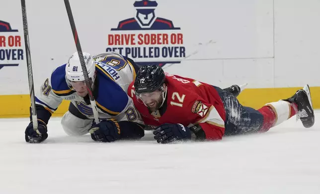 St. Louis Blues center Dylan Holloway (81) and Florida Panthers left wing Jonah Gadjovich (12) fall to the ice during the second period of an NHL hockey game, Friday, Dec. 20, 2024, in Sunrise, Fla. (AP Photo/Lynne Sladky)