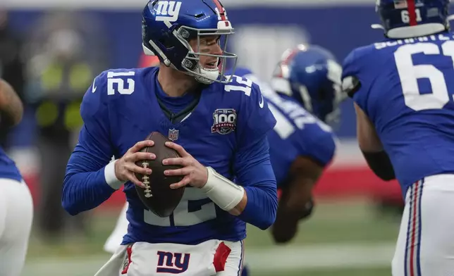 New York Giants quarterback Tim Boyle steps back to pass against the Baltimore Ravens during the third quarter of an NFL football game, Sunday, Dec. 15, 2024, in East Rutherford, N.J. (AP Photo/Seth Wenig)