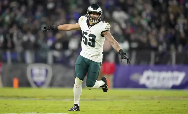 Philadelphia Eagles linebacker Zack Baun reacts after a play against the Baltimore Ravens during the second half of an NFL football game, Sunday, Dec. 1, 2024, in Baltimore. (AP Photo/Stephanie Scarbrough)