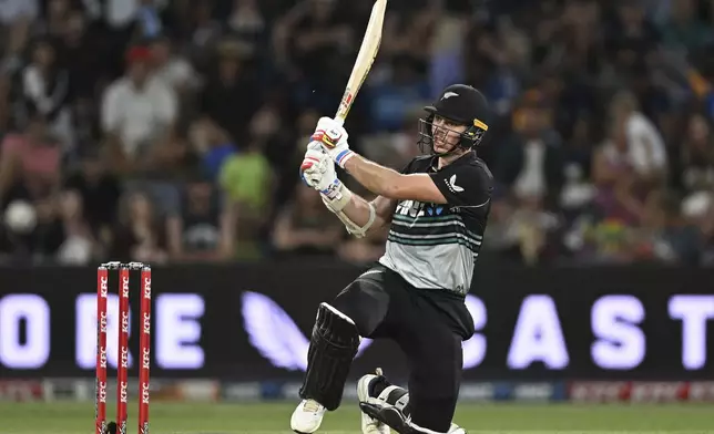 New Zealand's Michael Bracewell bats, during the first Twenty20 international cricket match between New Zealand and Sri Lanka at Mt Maunganui, New Zealand, Saturday, Dec. 28, 2024. (Andrew Cornaga/Photosport via AP)