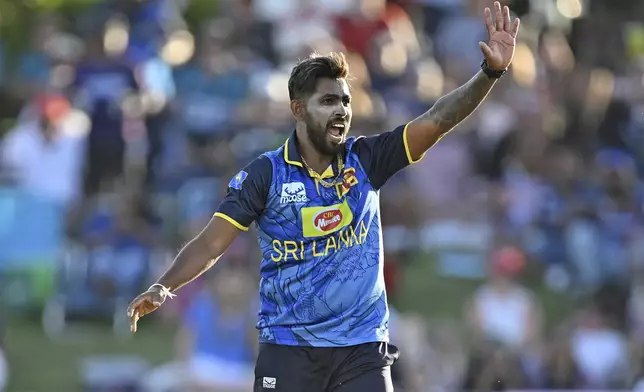 Sri Lanka's Nuwan Thushara unsuccessfully appeals for an LBW during the first Twenty20 international cricket match between New Zealand and Sri Lanka at Mt Maunganui, New Zealand on Saturday, Dec. 28, 2024. (Andrew Cornaga/Photosport via AP)