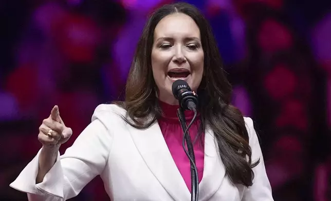 FILE - Brooke Rollins speaks at a campaign rally at Madison Square Garden, Oct. 27, 2024, in New York. (AP Photo/Evan Vucci, File)