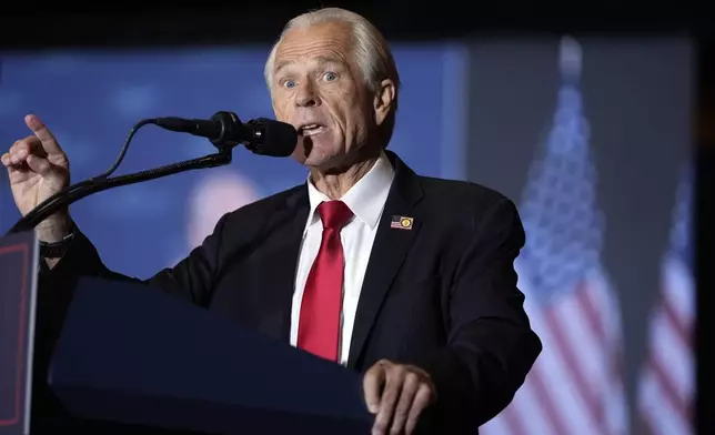 FILE - Peter Navarro speaks before Republican presidential nominee former President Donald Trump at a faith event at the Concord Convention Center, Oct. 21, 2024, in Concord, N.C. (AP Photo/Evan Vucci, File)