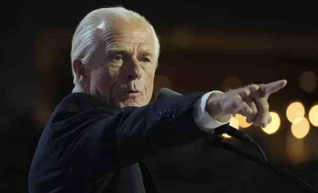 FILE - Peter Navarro speaks during the Republican National Convention, July 17, 2024, in Milwaukee. (AP Photo/Paul Sancya, File)