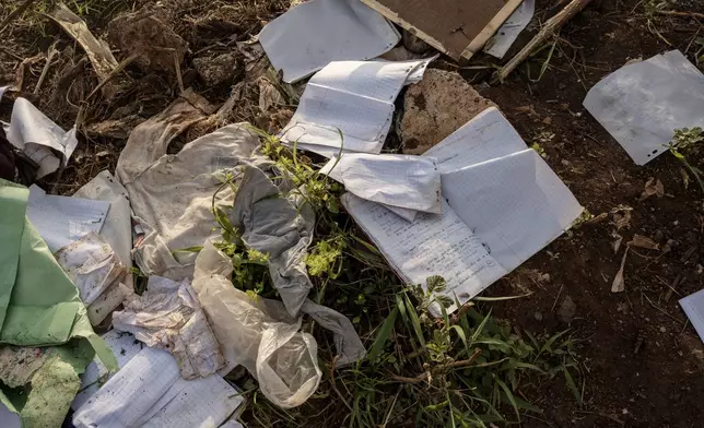 A child's school notebook lays amidst debris in Barakani, Mayotte, Saturday, Dec. 21, 2024. (AP Photo/Adrienne Surprenant)