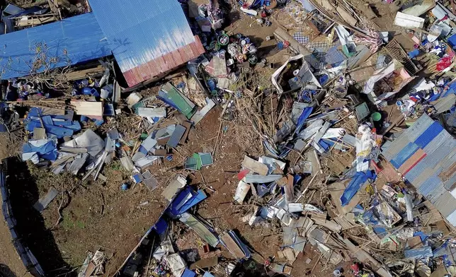 This aerial view shows destroyed homes in the Barakani, Mayotte, informal settlement, Saturday, Dec. 21, 2024. (AP Photo/Adrienne Surprenant)