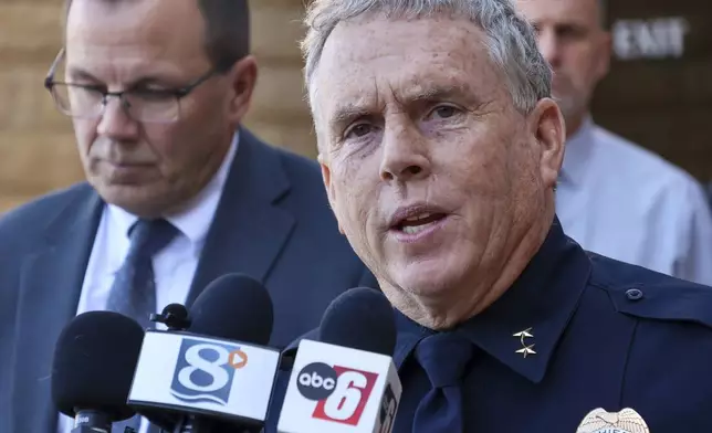 FILE -Winona Police Chief Tom Williams speaks to the media outside the Blue Earth County Justice Center after Adam Fravel was found guilty on all counts for the murder of Madeline Kingsbury, Nov. 7, 2024 in Mankato, Minn. (Hannah Yang/Minnesota Public Radio via AP, File)