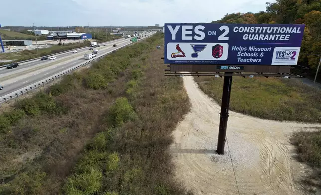 FILE - A billboard promoting a ballot measure to legalize sports betting in Missouri is seen along Interstate 44 Wednesday, Oct. 23, 2024, in St. Louis County, Mo. (AP Photo/Jeff Roberson, File)