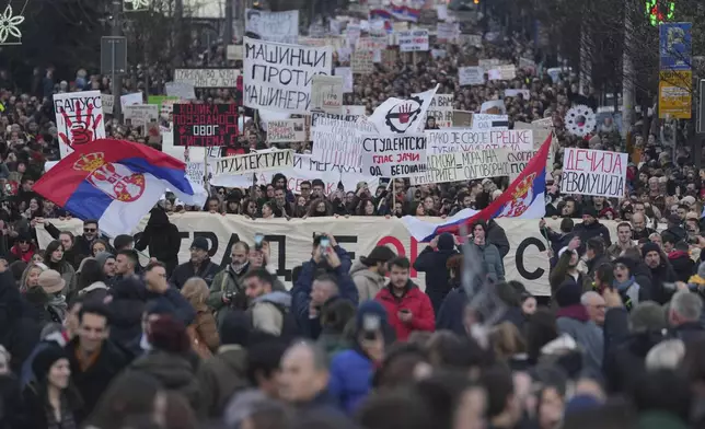 People attend a protest against the Serbian authorities in Belgrade, Serbia, Sunday, Dec. 22, 2024. (AP Photo/Darko Vojinovic)