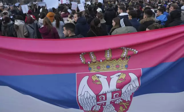 People attend a protest against the Serbian authorities in Belgrade, Serbia, Sunday, Dec. 22, 2024. (AP Photo/Darko Vojinovic)