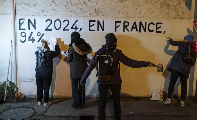 Members of the feminist collective "Les Amazones Avignon" post a message of support for Gisele Pelicot reading "In France in 2024, 94 percent of the rapist are acquitted" near the courthouse where the Mazan rape trial is taking place, in Avignon, France, Wednesday, Dec. 18, 2024. (AP Photo/Lewis Joly)